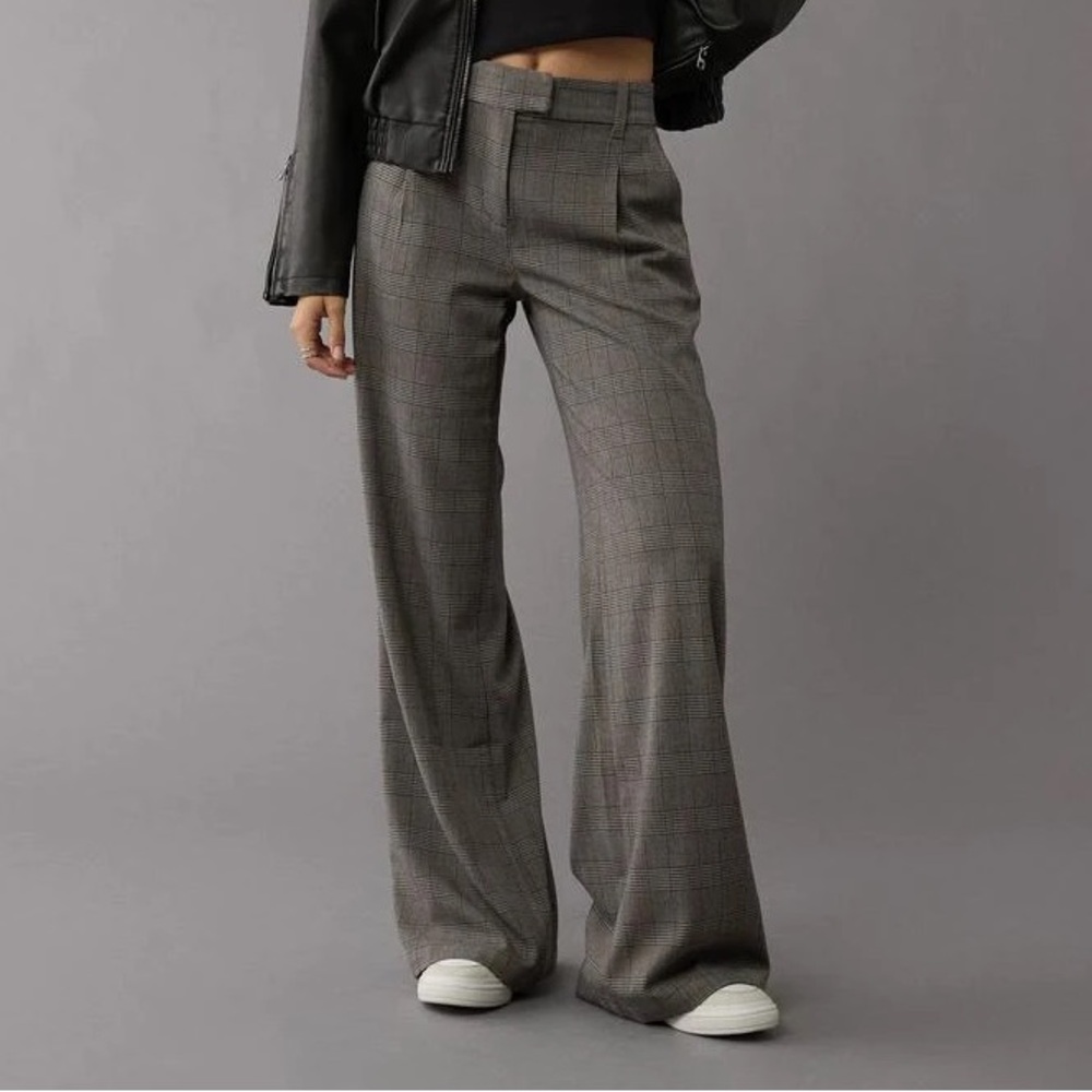 NWT American Eagle Gray Plaid High Rise Wide Leg Trousers TALL